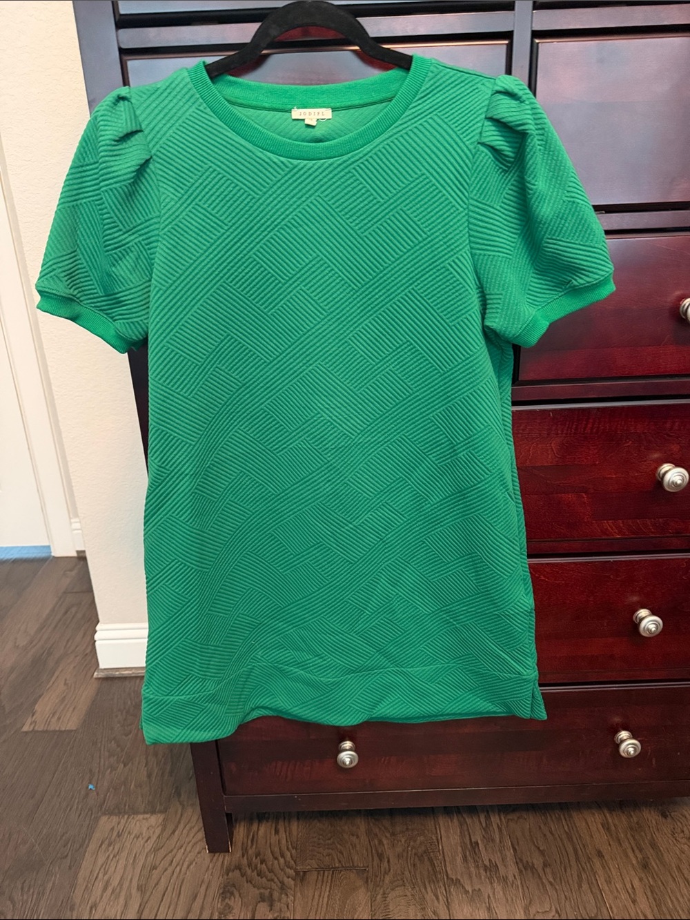 JODIFL Girls' Emerald Green Textured Puff-Sleeve Dress